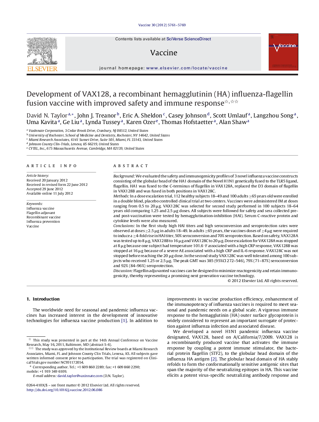 Development of VAX128, a recombinant hemagglutinin (HA) influenza-flagellin fusion vaccine with improved safety and immune response 