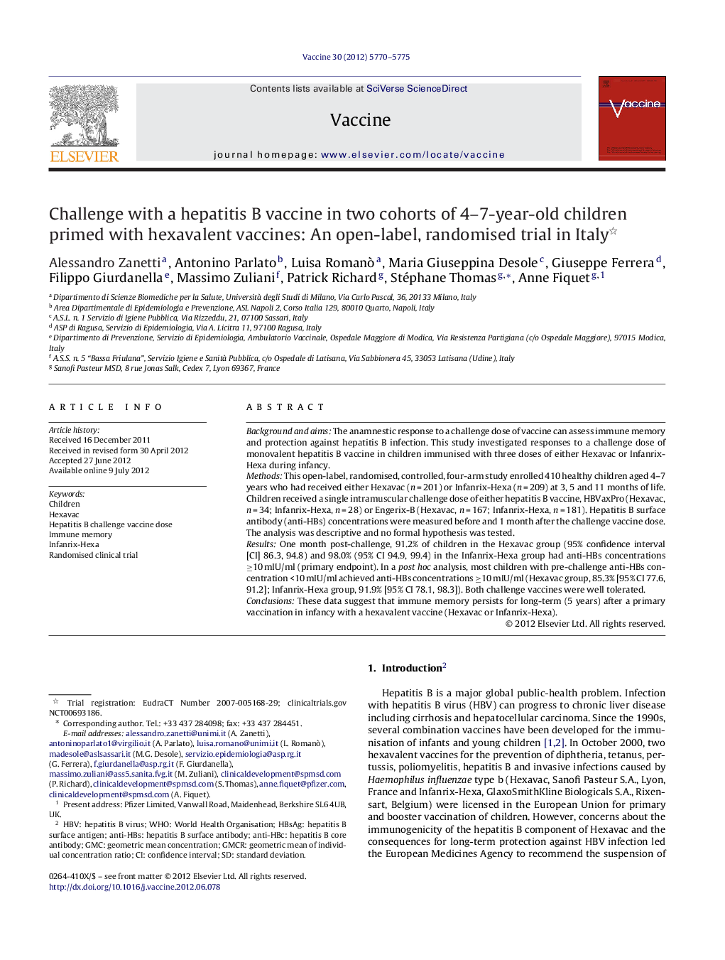 Challenge with a hepatitis B vaccine in two cohorts of 4–7-year-old children primed with hexavalent vaccines: An open-label, randomised trial in Italy 