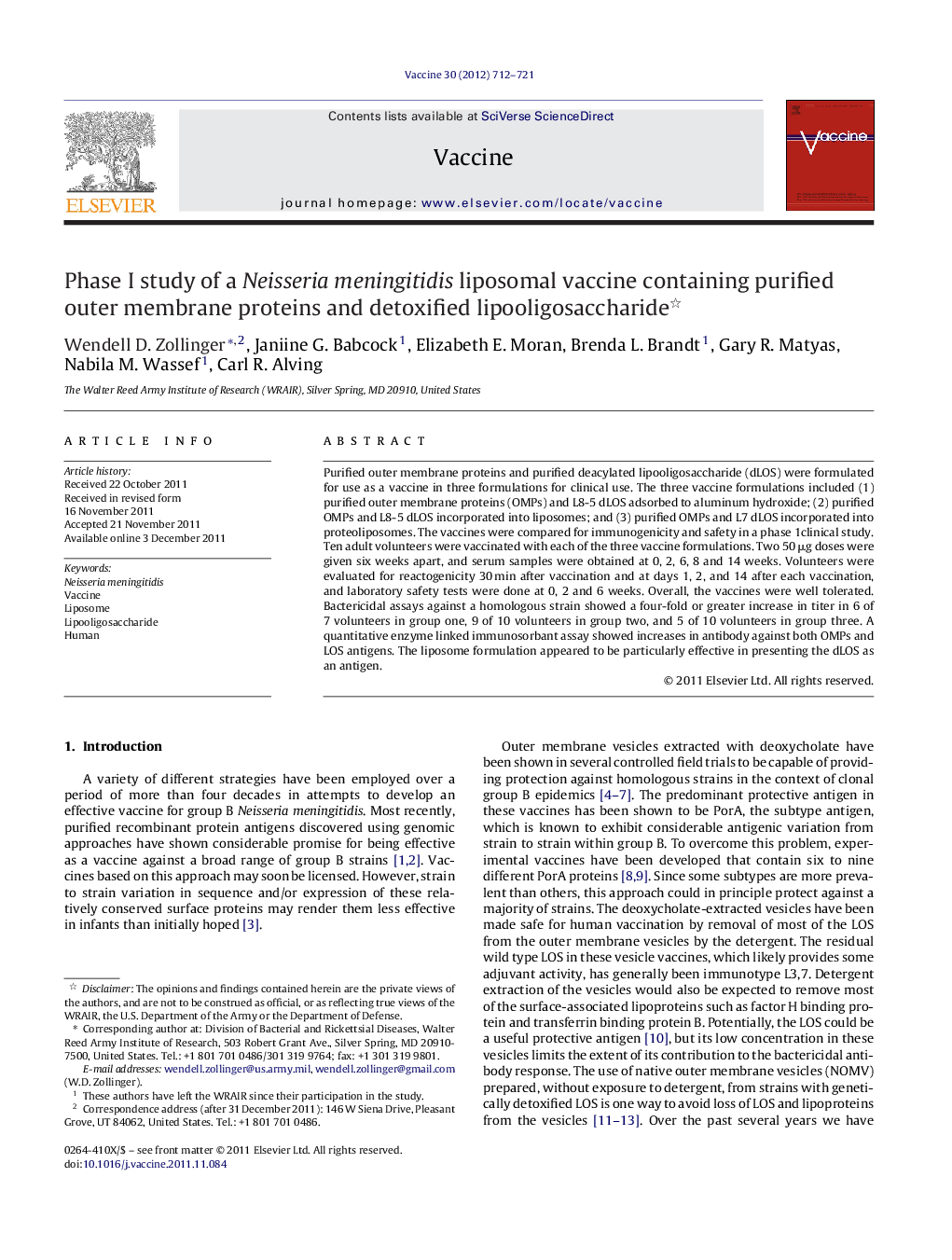 Phase I study of a Neisseria meningitidis liposomal vaccine containing purified outer membrane proteins and detoxified lipooligosaccharide 