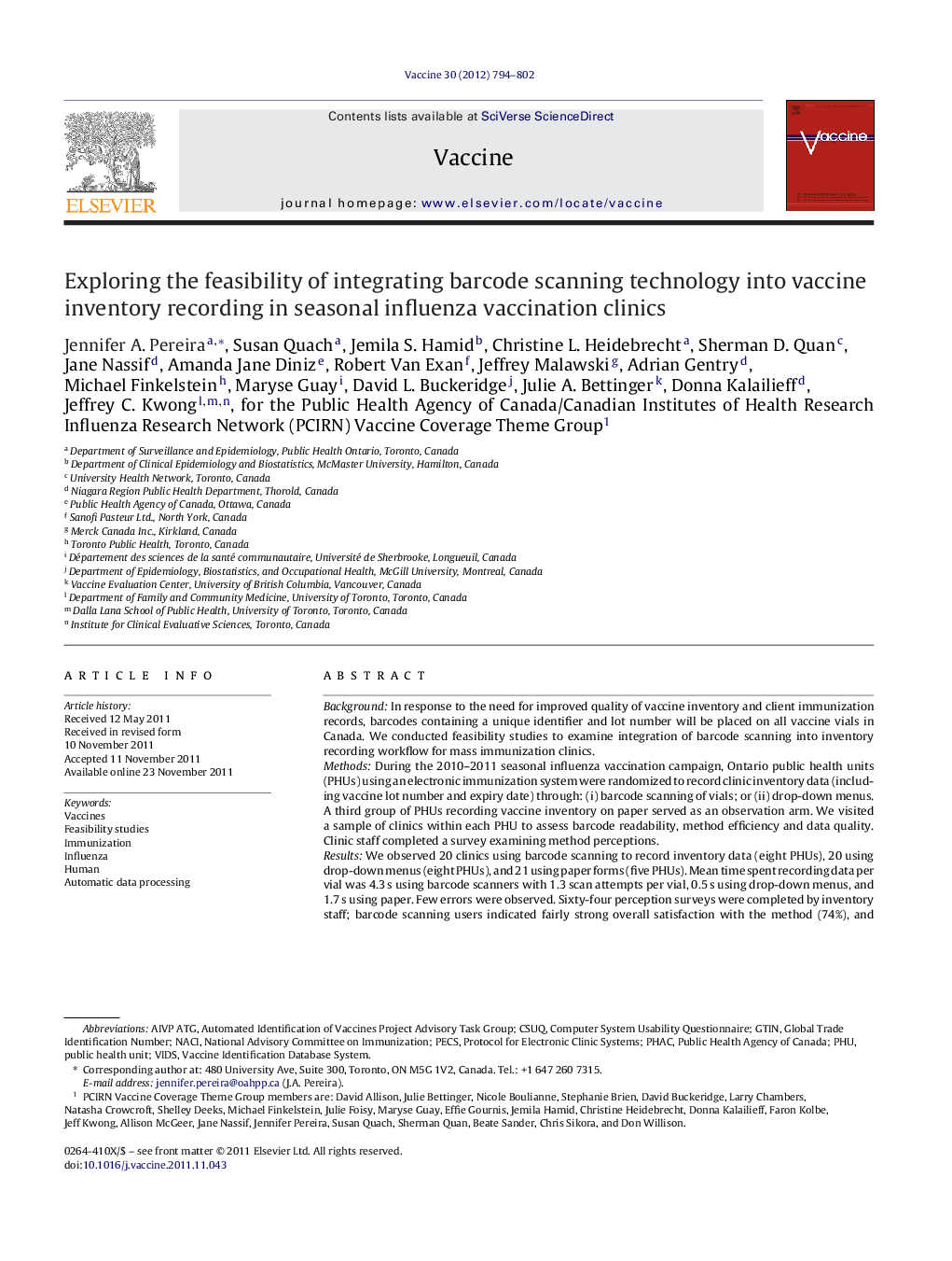 Exploring the feasibility of integrating barcode scanning technology into vaccine inventory recording in seasonal influenza vaccination clinics