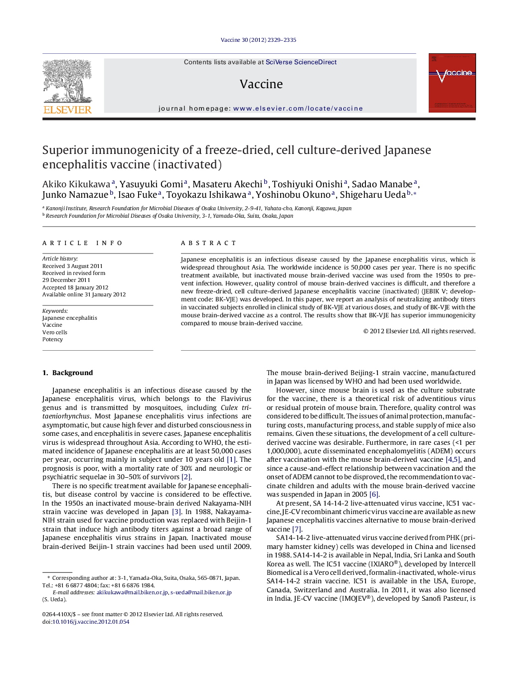 Superior immunogenicity of a freeze-dried, cell culture-derived Japanese encephalitis vaccine (inactivated)