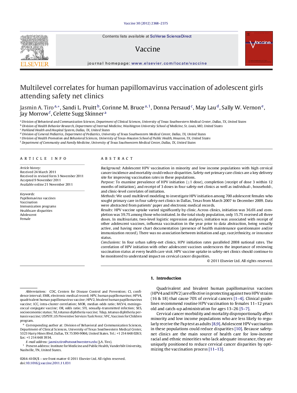 Multilevel correlates for human papillomavirus vaccination of adolescent girls attending safety net clinics