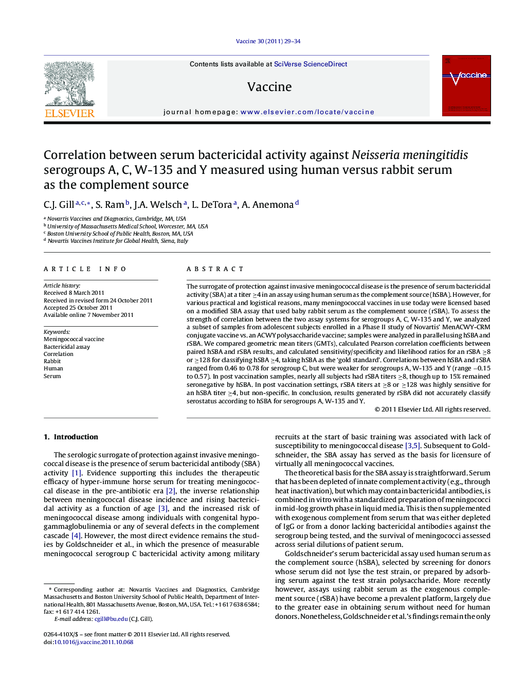 Correlation between serum bactericidal activity against Neisseria meningitidis serogroups A, C, W-135 and Y measured using human versus rabbit serum as the complement source