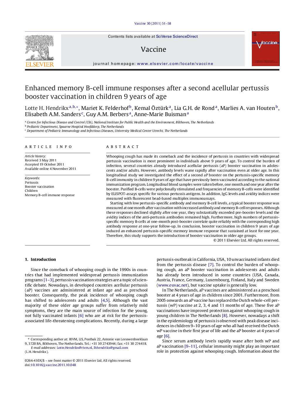 Enhanced memory B-cell immune responses after a second acellular pertussis booster vaccination in children 9 years of age