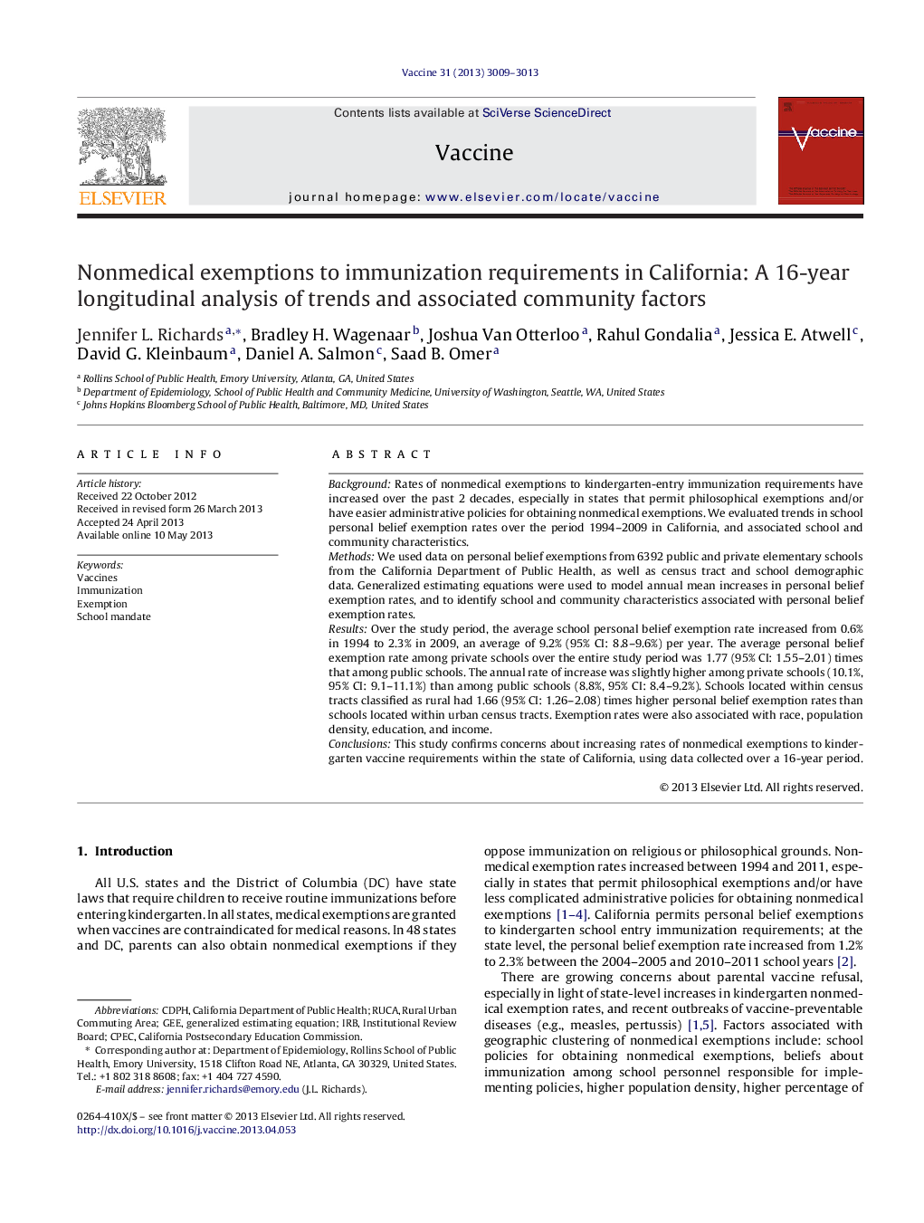 Nonmedical exemptions to immunization requirements in California: A 16-year longitudinal analysis of trends and associated community factors