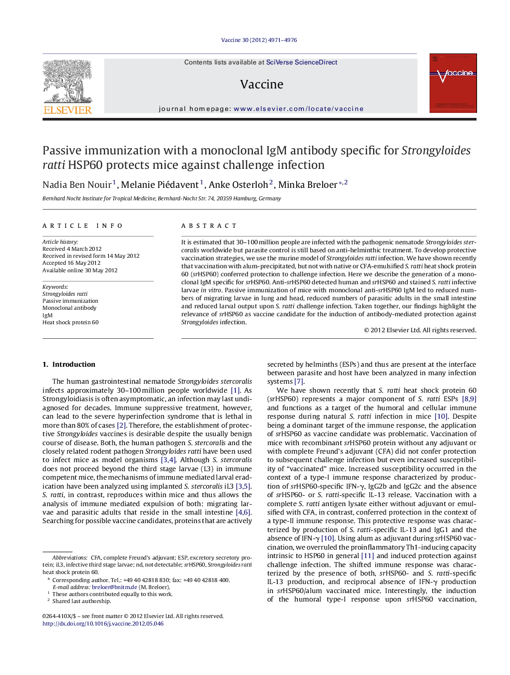 Passive immunization with a monoclonal IgM antibody specific for Strongyloides ratti HSP60 protects mice against challenge infection