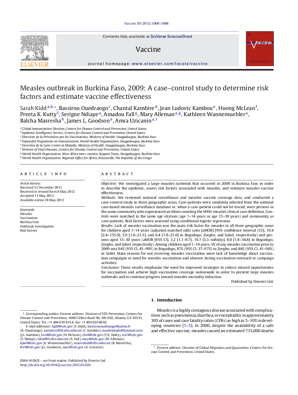 Measles outbreak in Burkina Faso, 2009: A case–control study to determine risk factors and estimate vaccine effectiveness