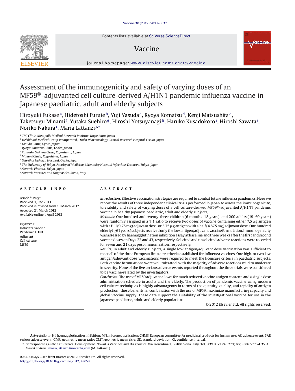 Assessment of the immunogenicity and safety of varying doses of an MF59®-adjuvanted cell culture-derived A/H1N1 pandemic influenza vaccine in Japanese paediatric, adult and elderly subjects