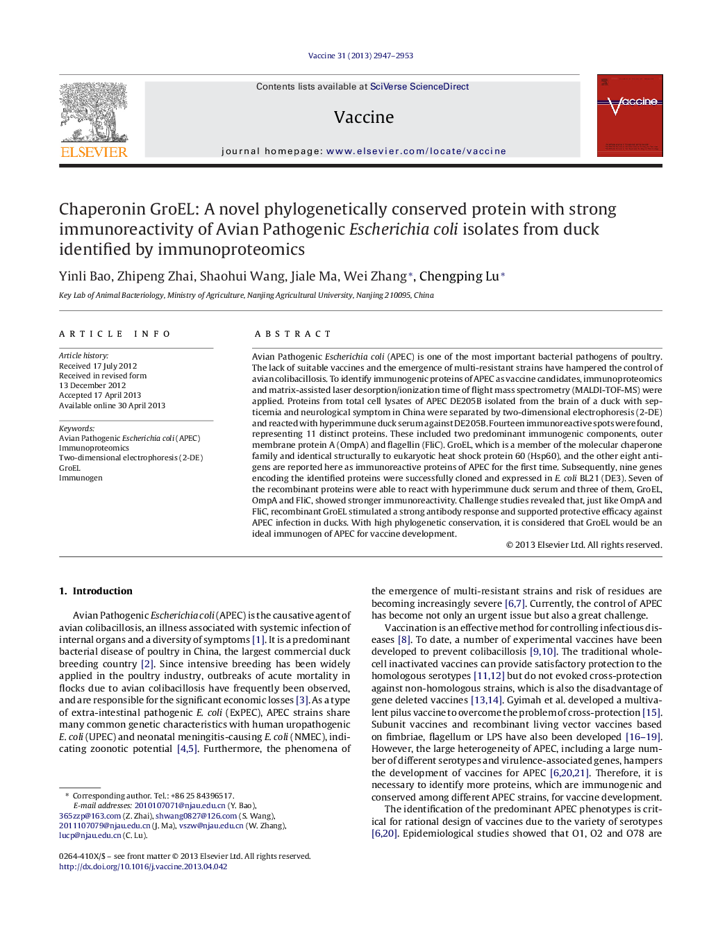 Chaperonin GroEL: A novel phylogenetically conserved protein with strong immunoreactivity of Avian Pathogenic Escherichia coli isolates from duck identified by immunoproteomics