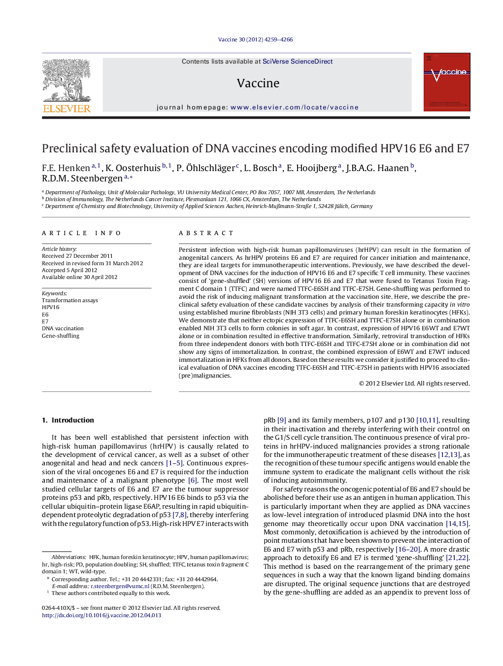 Preclinical safety evaluation of DNA vaccines encoding modified HPV16 E6 and E7