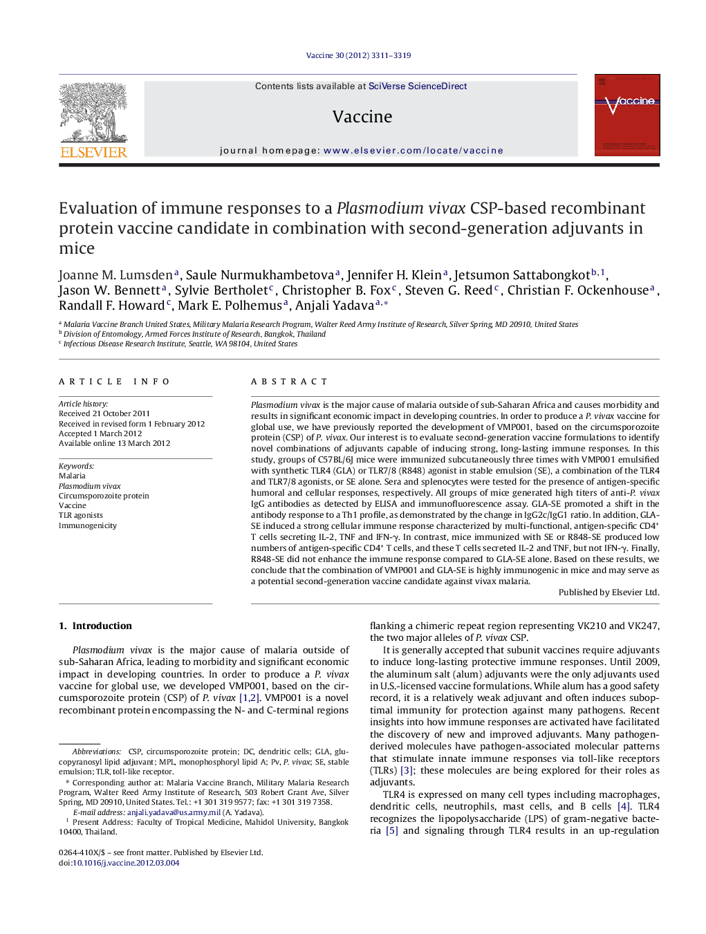 Evaluation of immune responses to a Plasmodium vivax CSP-based recombinant protein vaccine candidate in combination with second-generation adjuvants in mice