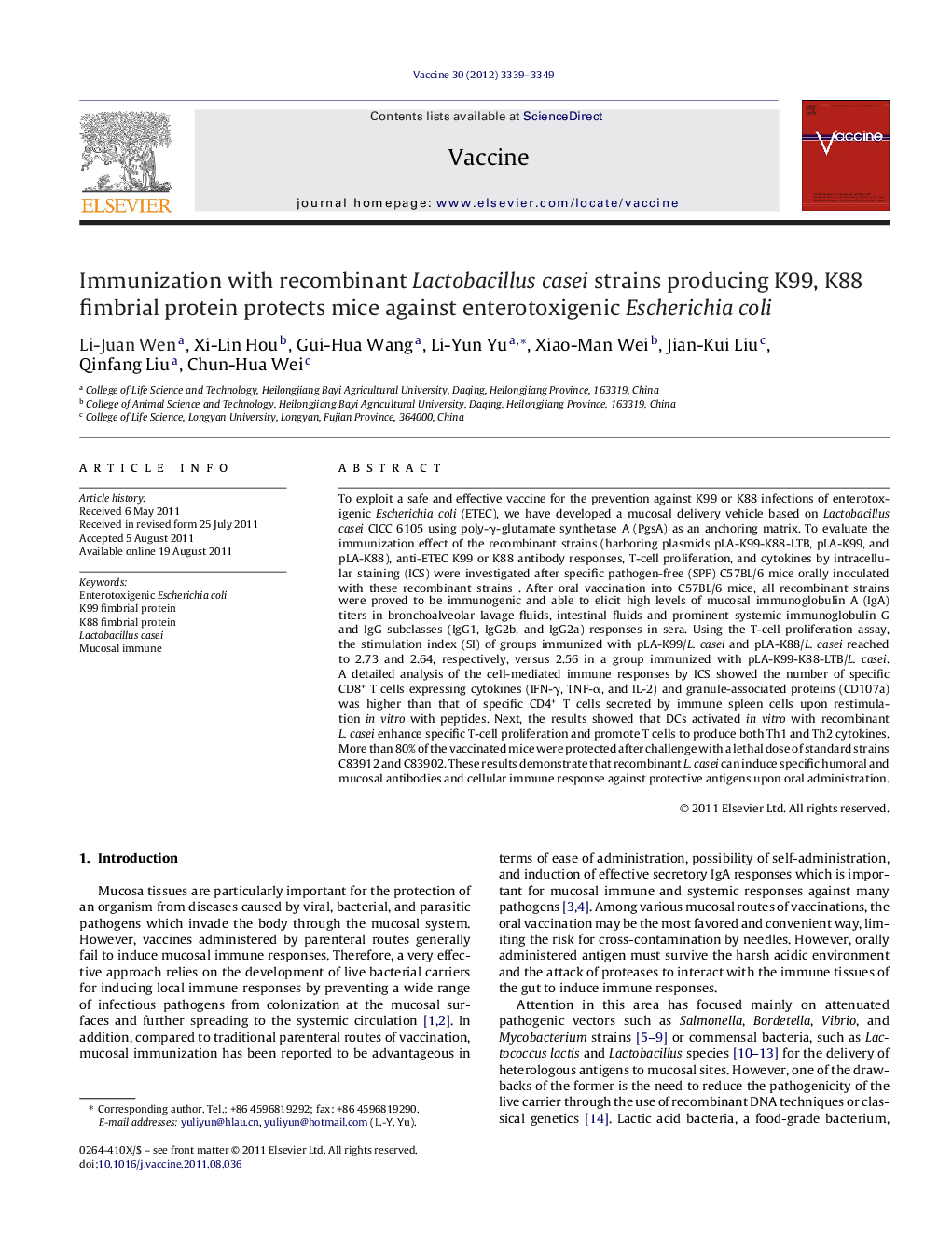 Immunization with recombinant Lactobacillus casei strains producing K99, K88 fimbrial protein protects mice against enterotoxigenic Escherichia coli