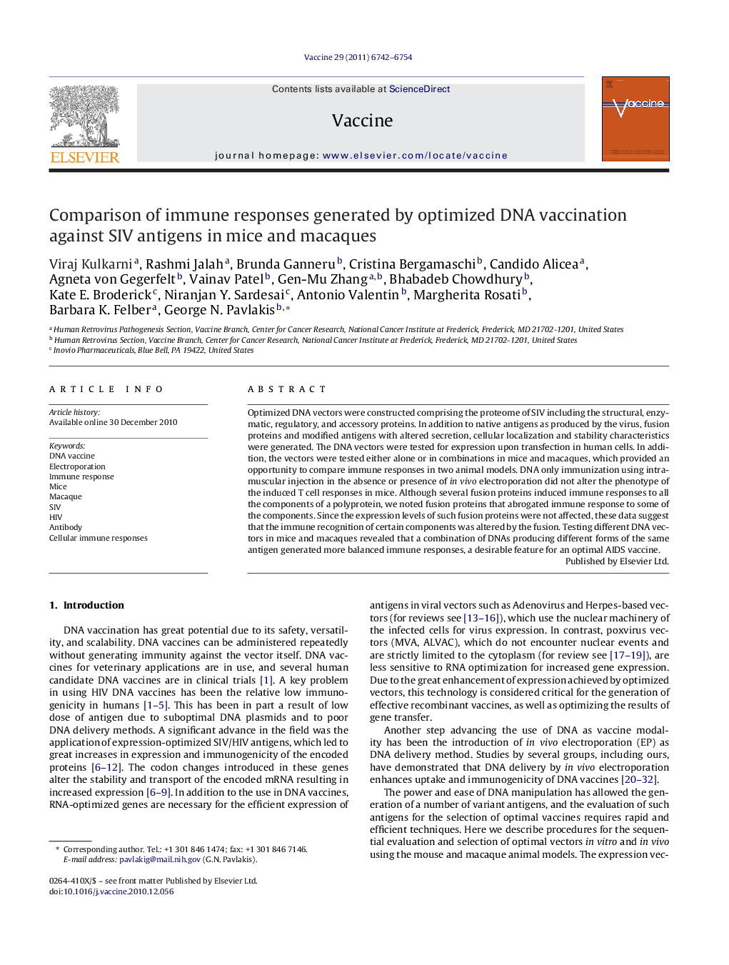 Comparison of immune responses generated by optimized DNA vaccination against SIV antigens in mice and macaques