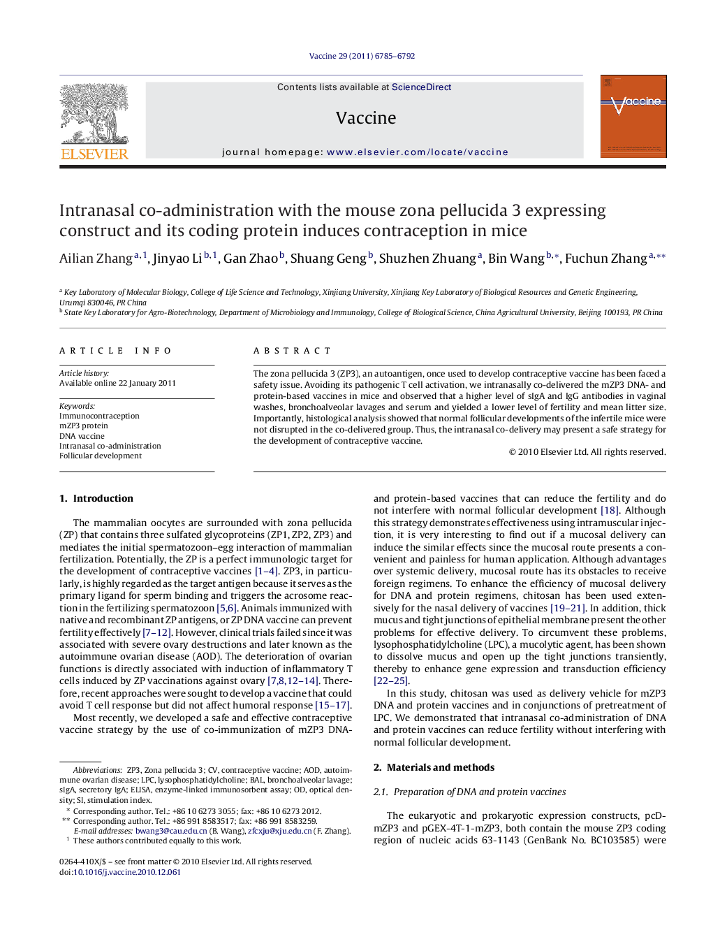 Intranasal co-administration with the mouse zona pellucida 3 expressing construct and its coding protein induces contraception in mice