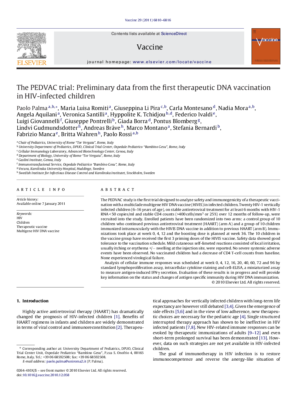 The PEDVAC trial: Preliminary data from the first therapeutic DNA vaccination in HIV-infected children