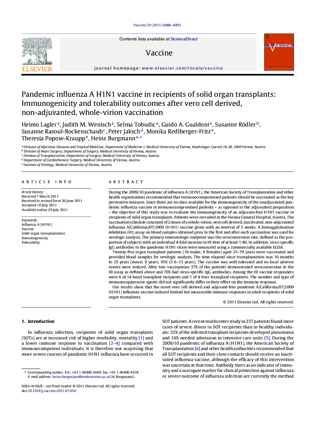 Pandemic influenza A H1N1 vaccine in recipients of solid organ transplants: Immunogenicity and tolerability outcomes after vero cell derived, non-adjuvanted, whole-virion vaccination