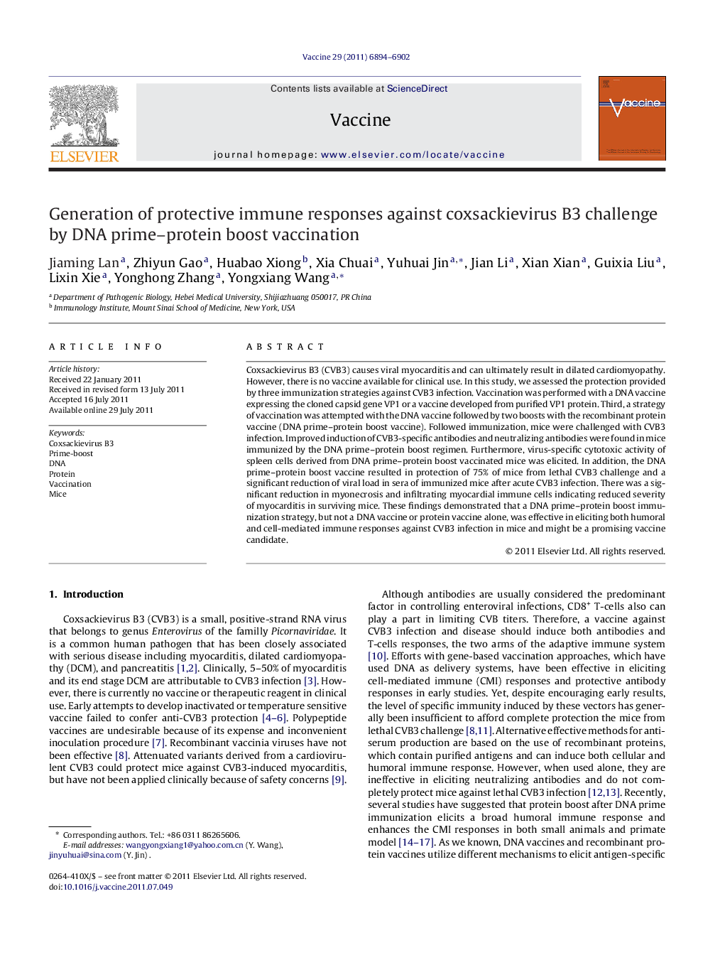 Generation of protective immune responses against coxsackievirus B3 challenge by DNA prime–protein boost vaccination