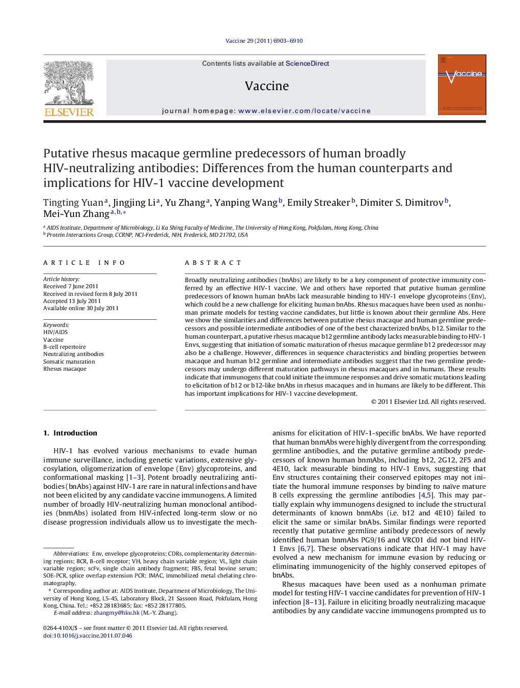 Putative rhesus macaque germline predecessors of human broadly HIV-neutralizing antibodies: Differences from the human counterparts and implications for HIV-1 vaccine development