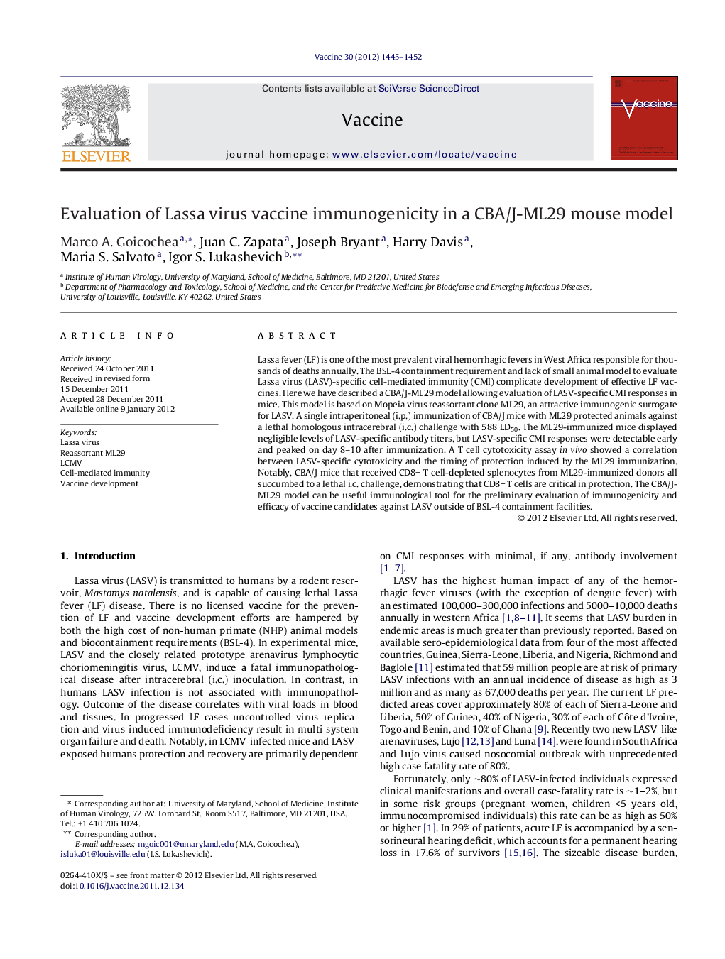 Evaluation of Lassa virus vaccine immunogenicity in a CBA/J-ML29 mouse model