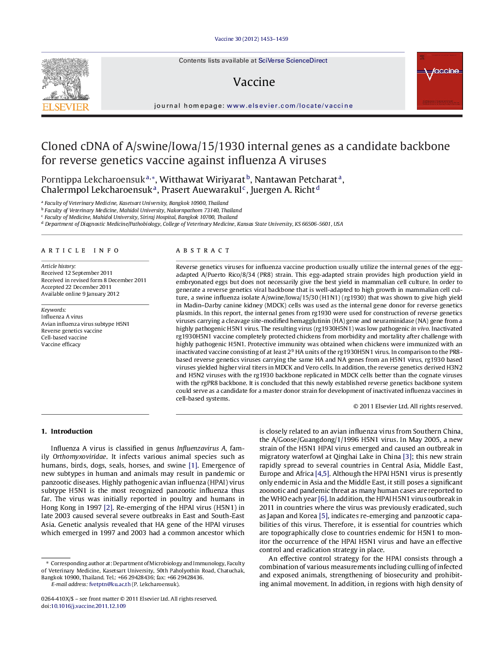 Cloned cDNA of A/swine/Iowa/15/1930 internal genes as a candidate backbone for reverse genetics vaccine against influenza A viruses