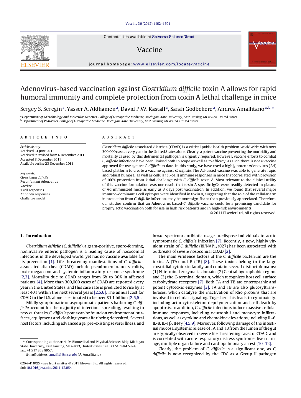 Adenovirus-based vaccination against Clostridium difficile toxin A allows for rapid humoral immunity and complete protection from toxin A lethal challenge in mice