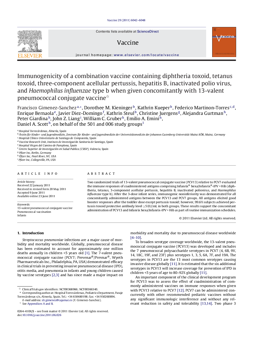 Immunogenicity of a combination vaccine containing diphtheria toxoid, tetanus toxoid, three-component acellular pertussis, hepatitis B, inactivated polio virus, and Haemophilus influenzae type b when given concomitantly with 13-valent pneumococcal conjuga