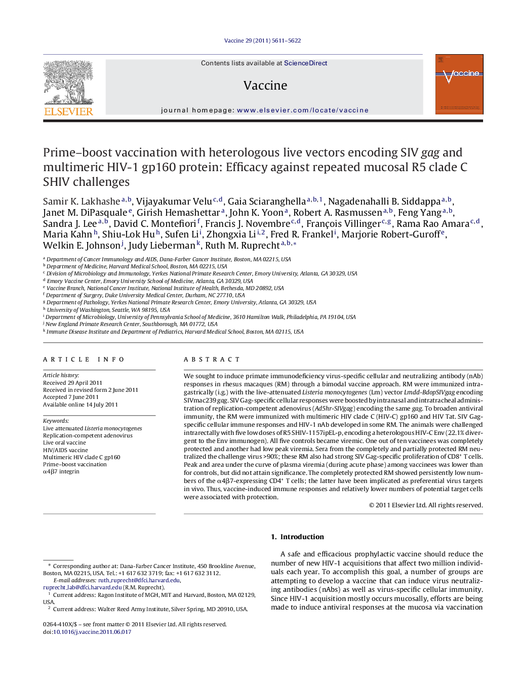 Prime–boost vaccination with heterologous live vectors encoding SIV gag and multimeric HIV-1 gp160 protein: Efficacy against repeated mucosal R5 clade C SHIV challenges