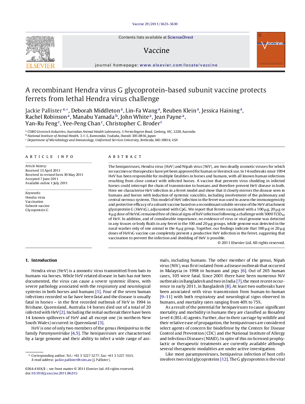 A recombinant Hendra virus G glycoprotein-based subunit vaccine protects ferrets from lethal Hendra virus challenge