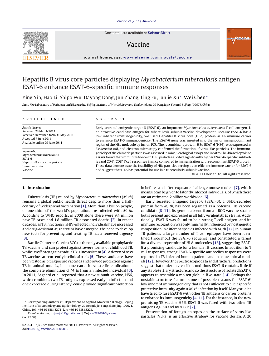 Hepatitis B virus core particles displaying Mycobacterium tuberculosis antigen ESAT-6 enhance ESAT-6-specific immune responses