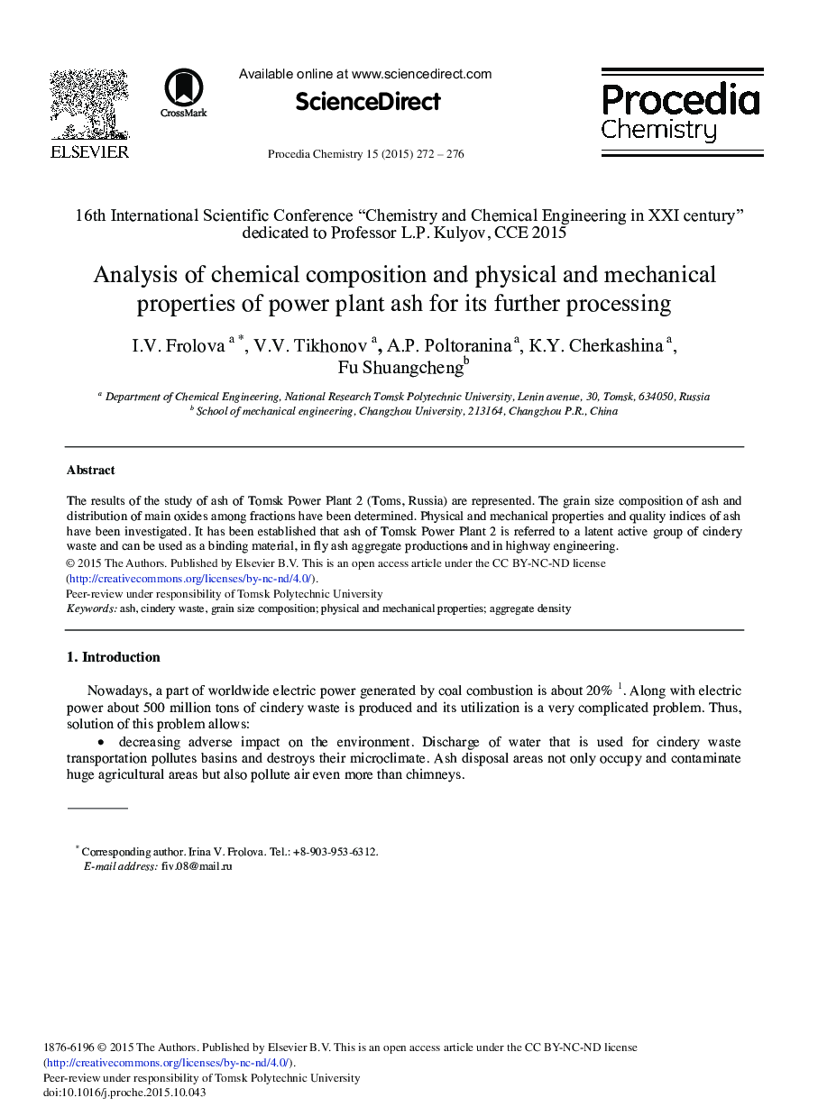 Analysis of Chemical Composition and Physical and Mechanical Properties of Power Plant Ash for its Further Processing 