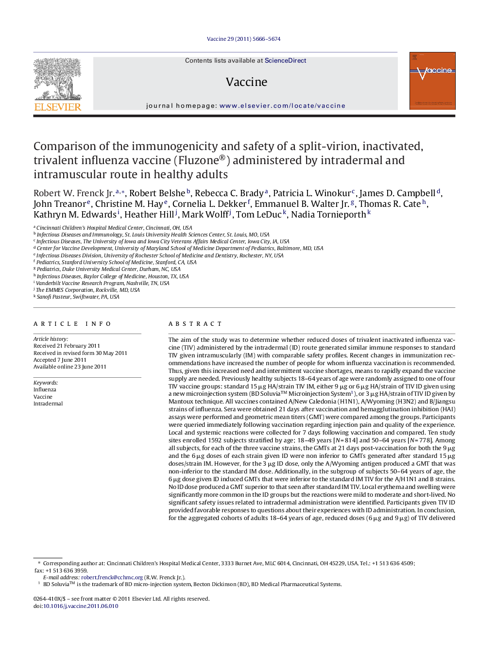 Comparison of the immunogenicity and safety of a split-virion, inactivated, trivalent influenza vaccine (Fluzone®) administered by intradermal and intramuscular route in healthy adults