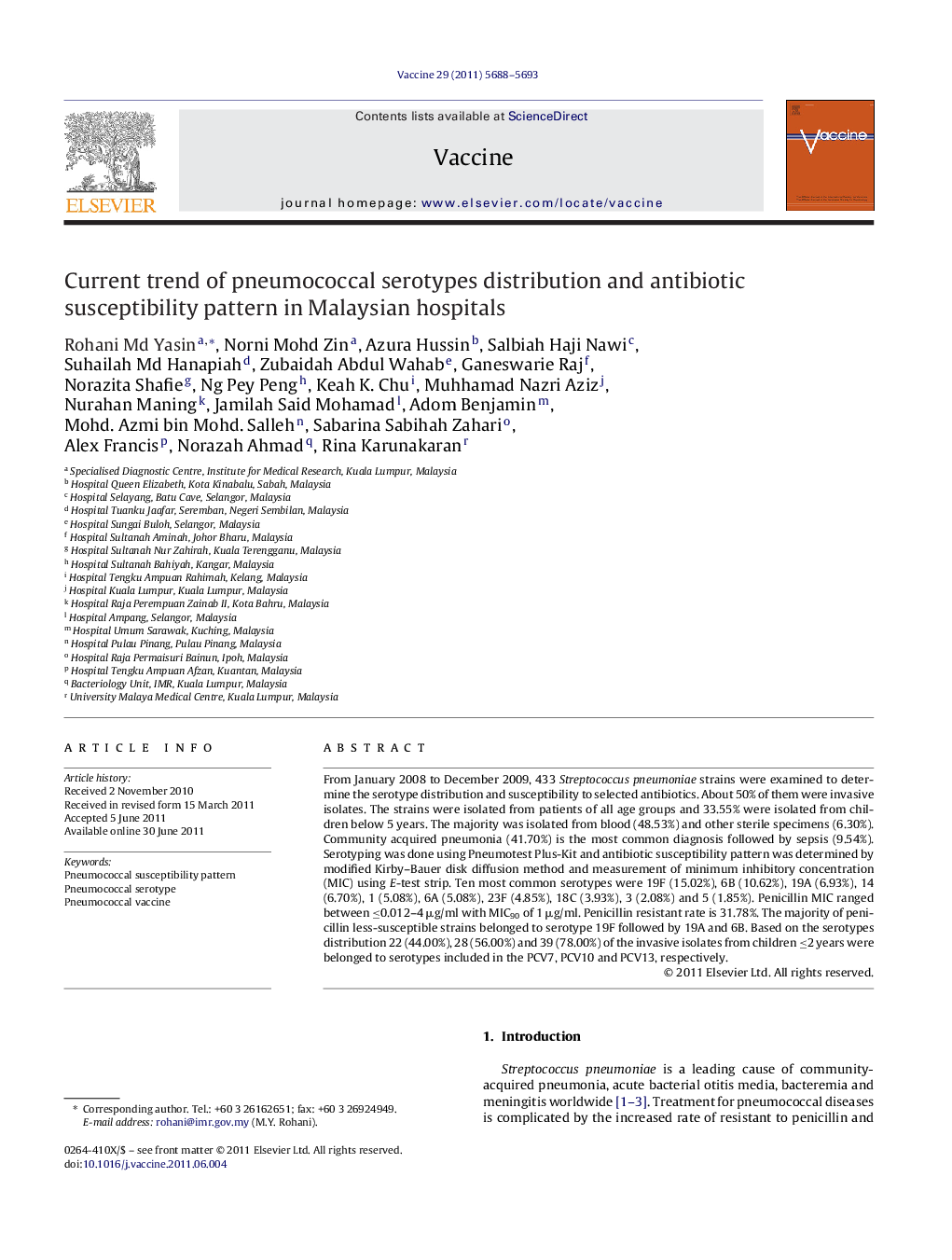 Current trend of pneumococcal serotypes distribution and antibiotic susceptibility pattern in Malaysian hospitals