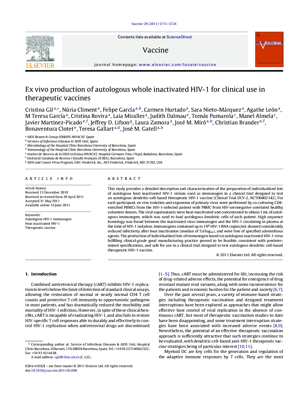 Ex vivo production of autologous whole inactivated HIV-1 for clinical use in therapeutic vaccines