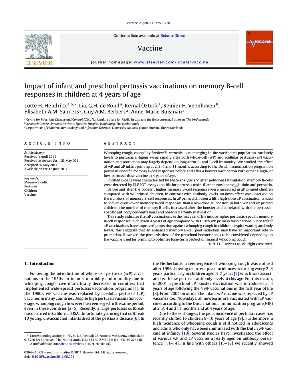 Impact of infant and preschool pertussis vaccinations on memory B-cell responses in children at 4 years of age