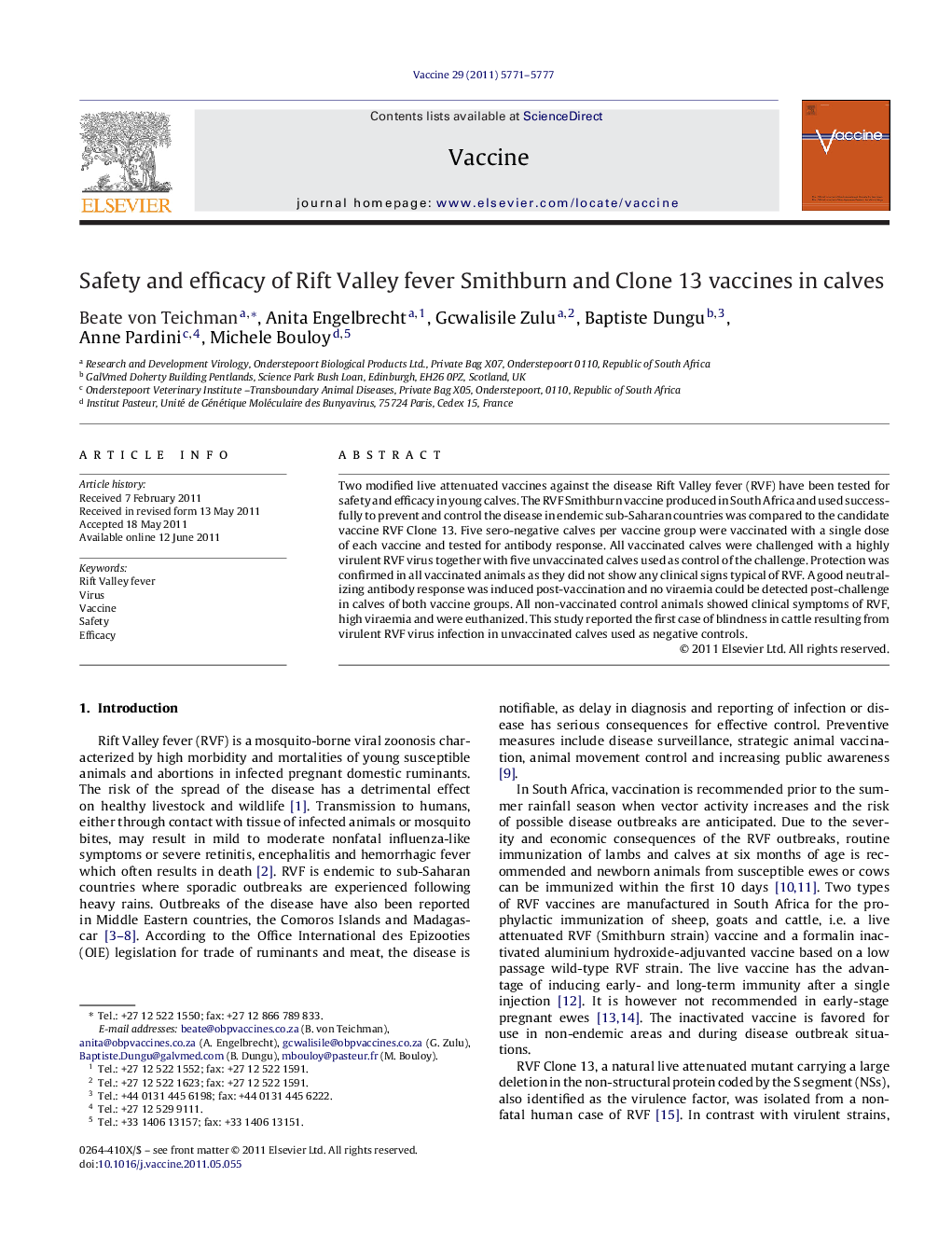 Safety and efficacy of Rift Valley fever Smithburn and Clone 13 vaccines in calves