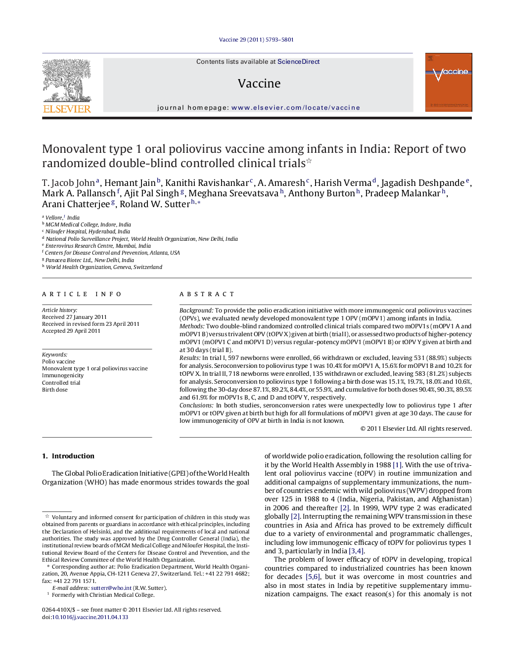 Monovalent type 1 oral poliovirus vaccine among infants in India: Report of two randomized double-blind controlled clinical trials 