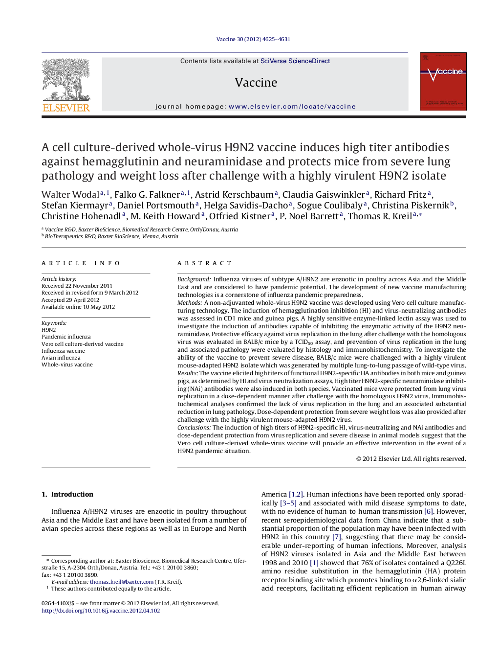 A cell culture-derived whole-virus H9N2 vaccine induces high titer antibodies against hemagglutinin and neuraminidase and protects mice from severe lung pathology and weight loss after challenge with a highly virulent H9N2 isolate