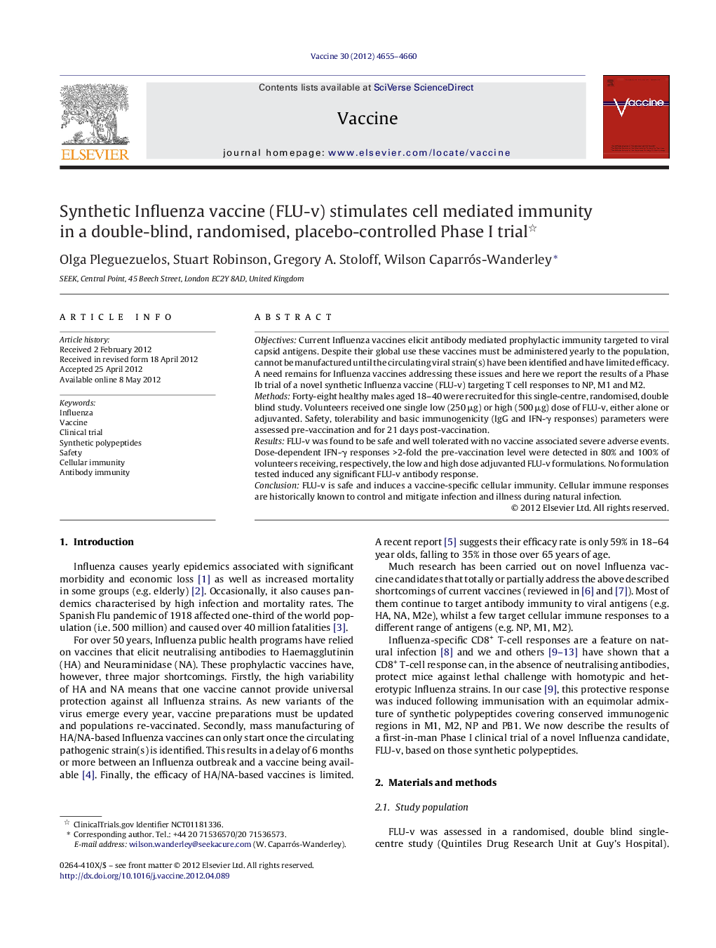 Synthetic Influenza vaccine (FLU-v) stimulates cell mediated immunity in a double-blind, randomised, placebo-controlled Phase I trial 