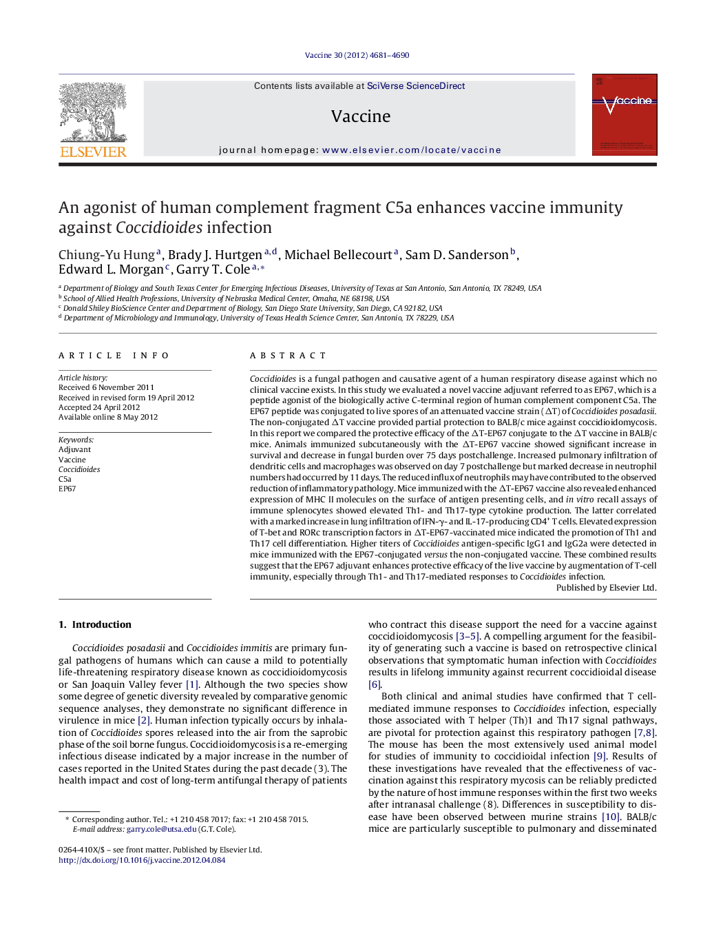 An agonist of human complement fragment C5a enhances vaccine immunity against Coccidioides infection