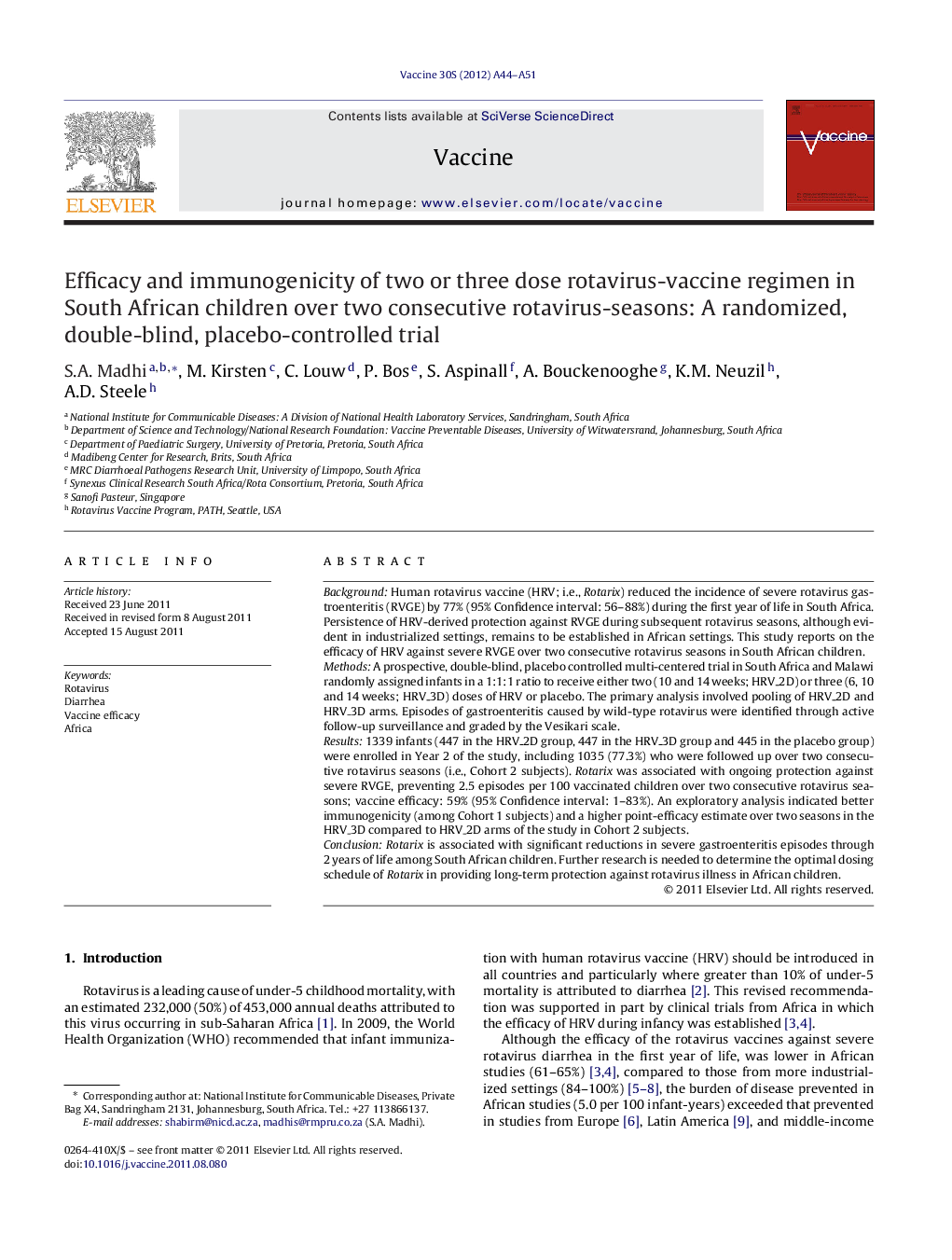 Efficacy and immunogenicity of two or three dose rotavirus-vaccine regimen in South African children over two consecutive rotavirus-seasons: A randomized, double-blind, placebo-controlled trial