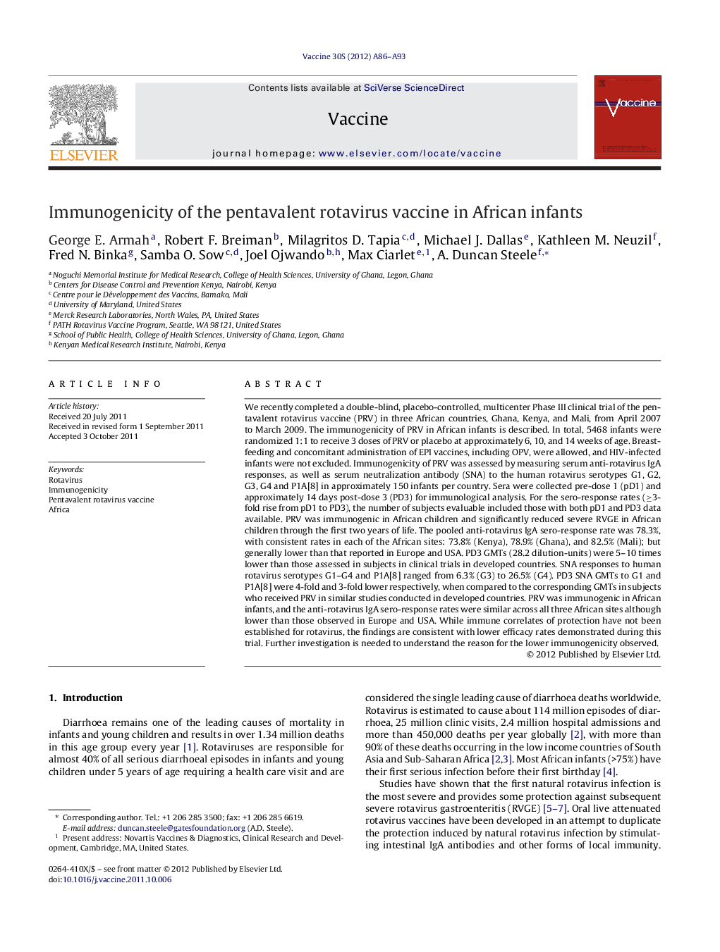 Immunogenicity of the pentavalent rotavirus vaccine in African infants