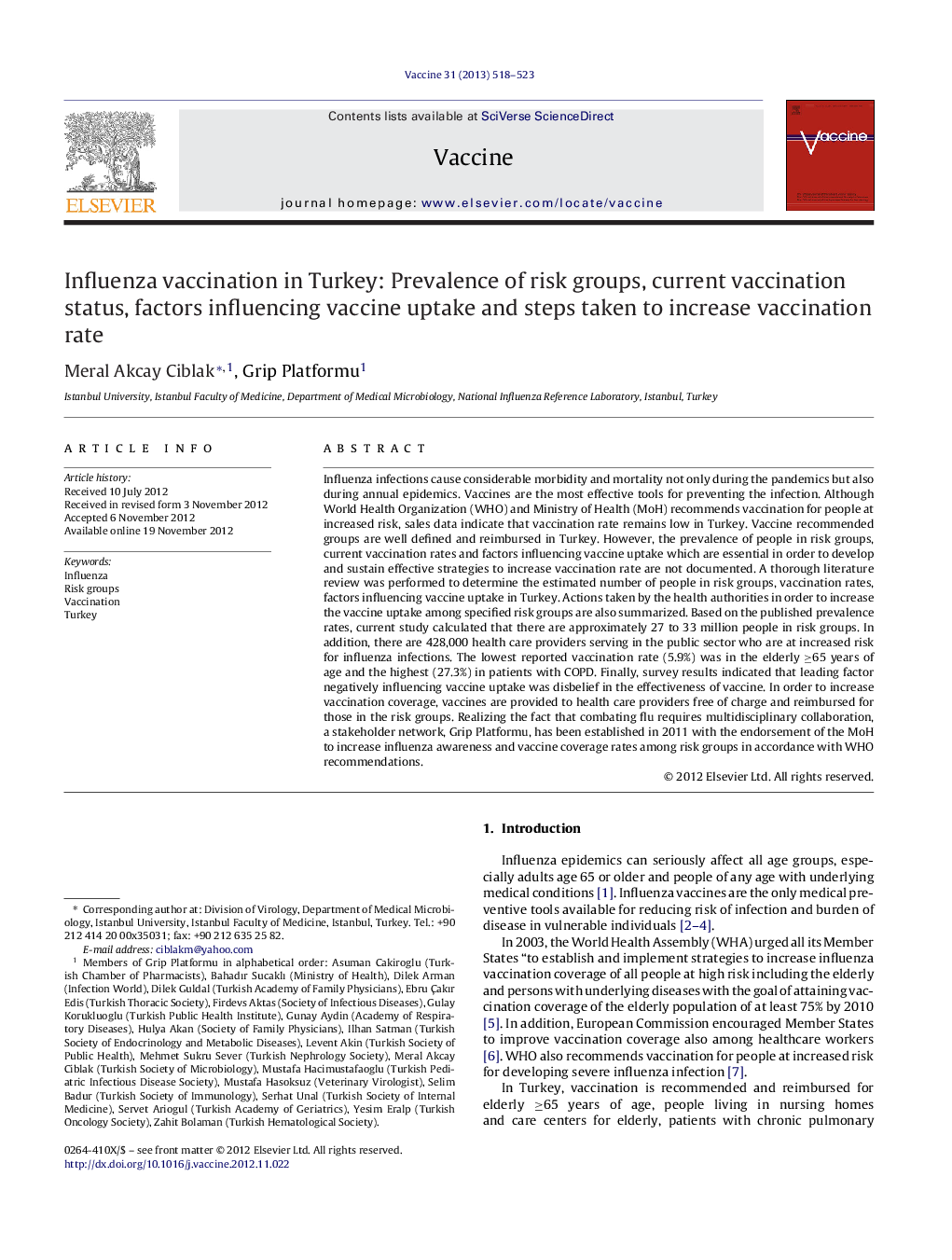 Influenza vaccination in Turkey: Prevalence of risk groups, current vaccination status, factors influencing vaccine uptake and steps taken to increase vaccination rate