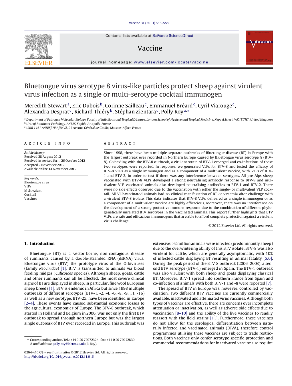 Bluetongue virus serotype 8 virus-like particles protect sheep against virulent virus infection as a single or multi-serotype cocktail immunogen