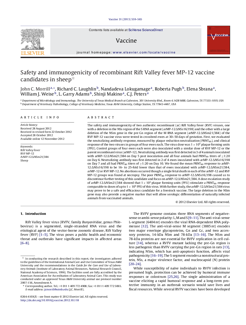 Safety and immunogenicity of recombinant Rift Valley fever MP-12 vaccine candidates in sheep 