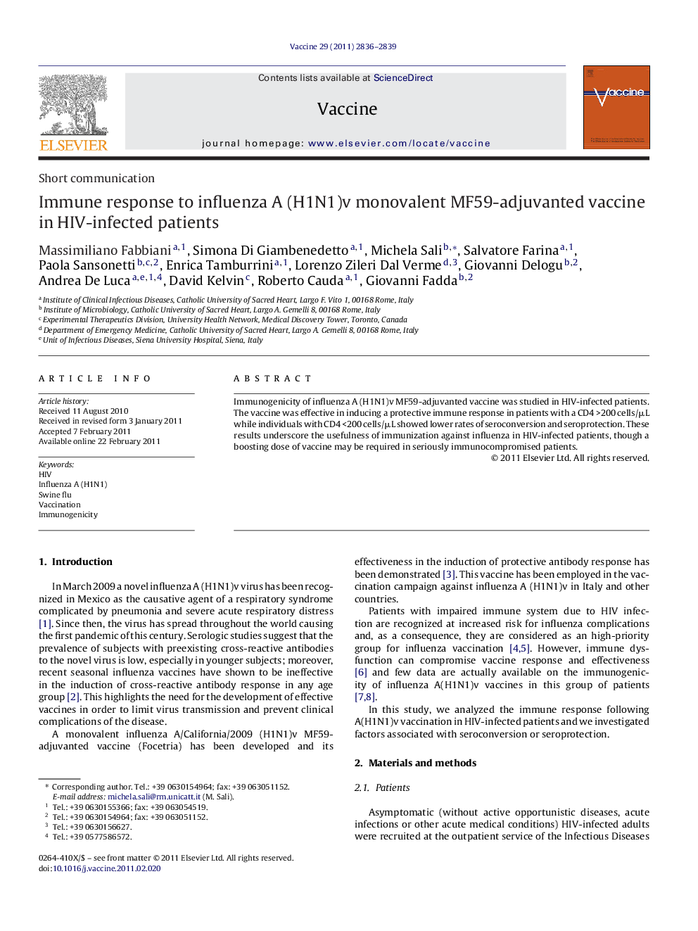 Immune response to influenza A (H1N1)v monovalent MF59-adjuvanted vaccine in HIV-infected patients