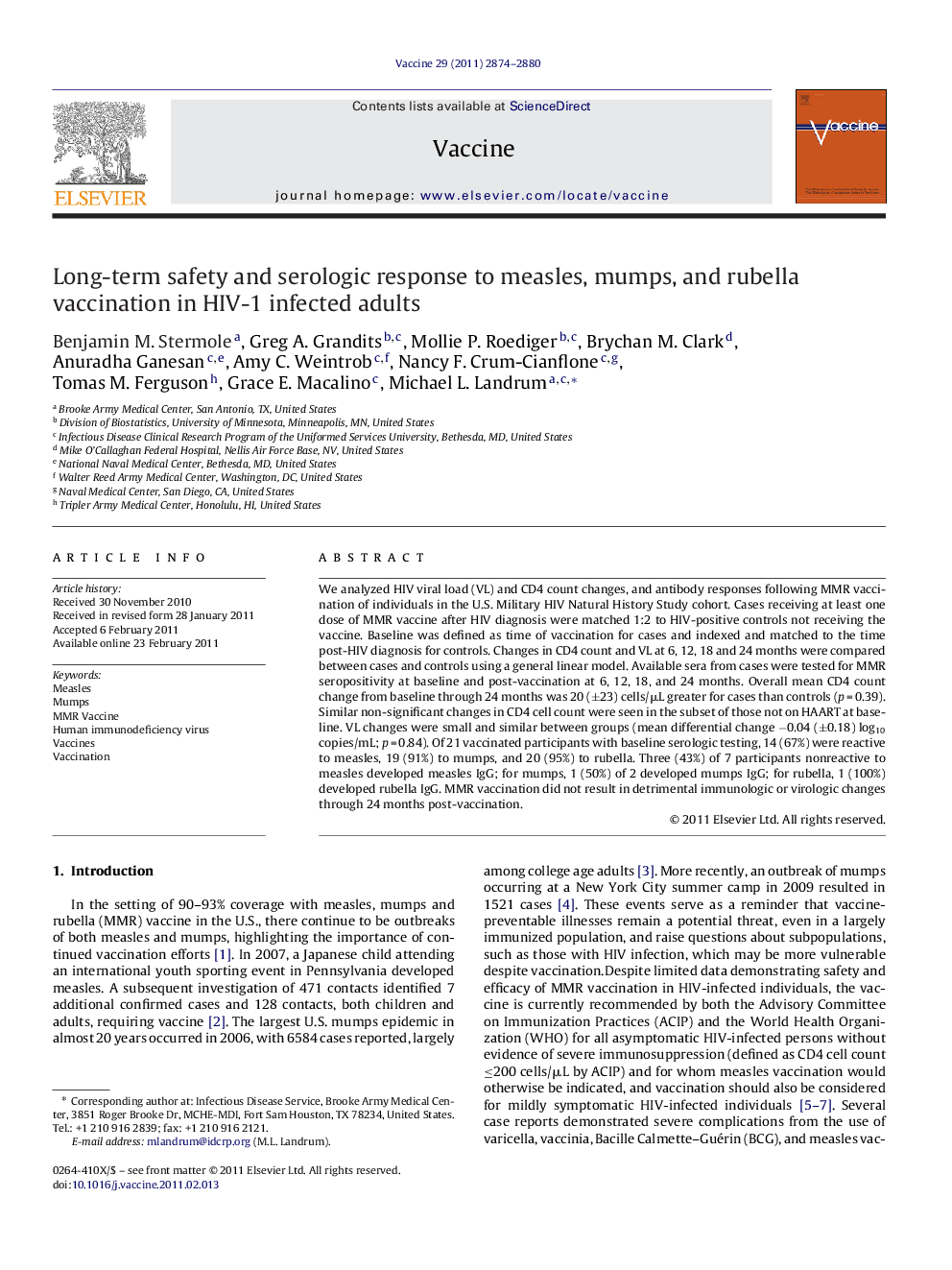عکس صفحه اول مقاله: Long-term safety and serologic response to measles, mumps, and rubella vaccination in HIV-1 infected adults Long-term safety and serologic response to measles, mumps, and rubella vaccination in HIV-1 infected adults
