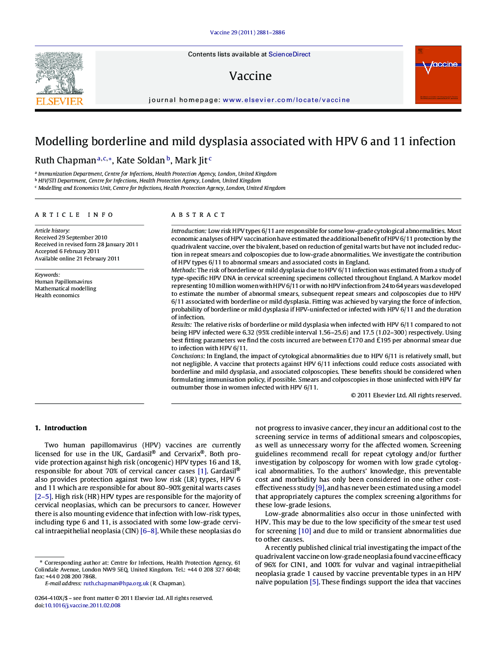 Modelling borderline and mild dysplasia associated with HPV 6 and 11 infection