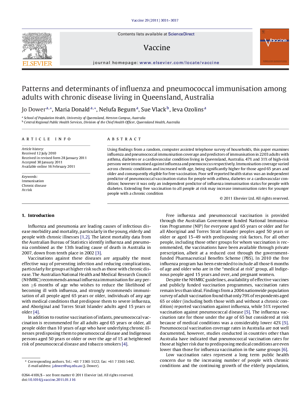 Patterns and determinants of influenza and pneumococcal immunisation among adults with chronic disease living in Queensland, Australia