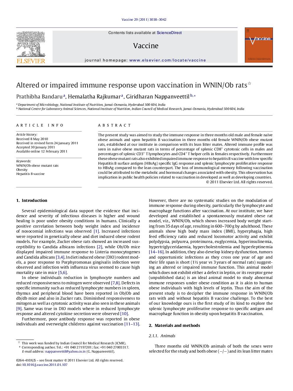 Altered or impaired immune response upon vaccination in WNIN/Ob rats 