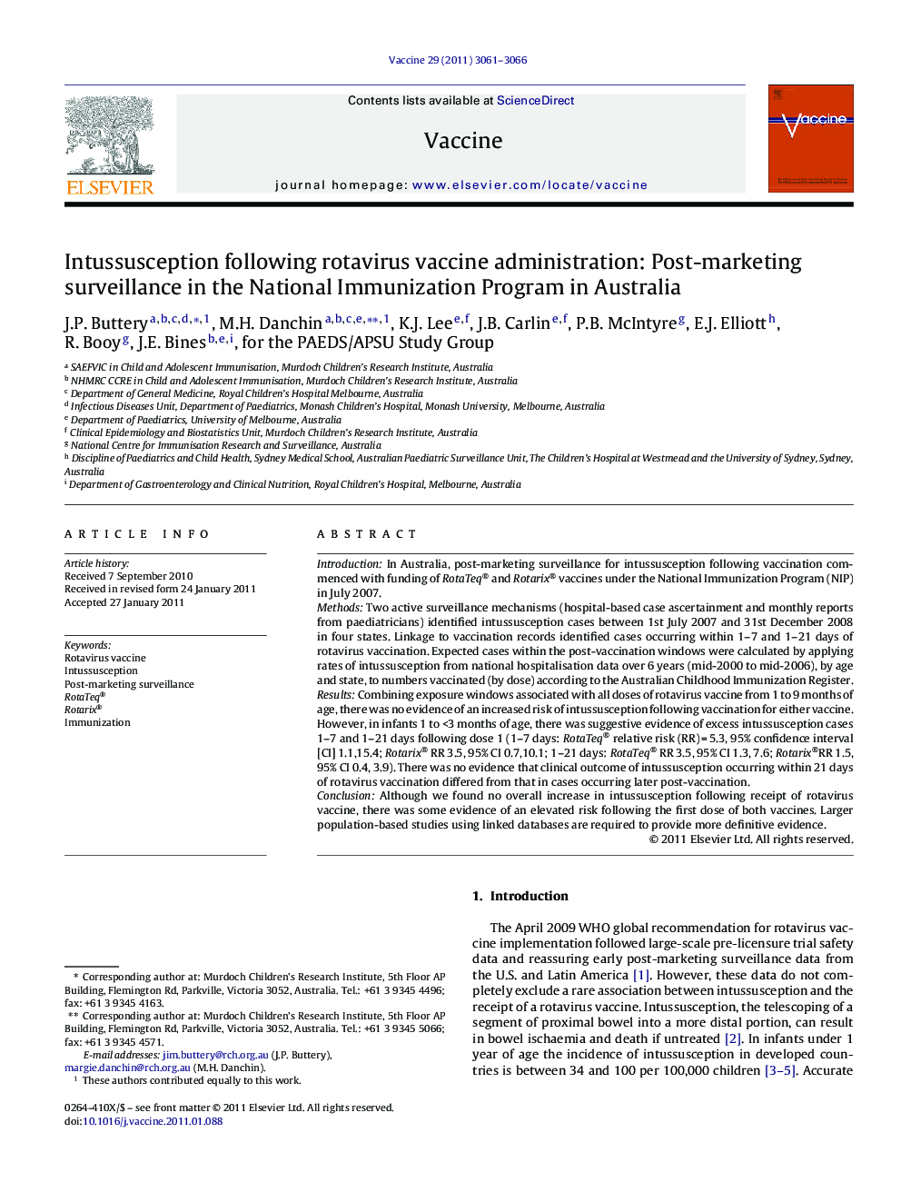 Intussusception following rotavirus vaccine administration: Post-marketing surveillance in the National Immunization Program in Australia